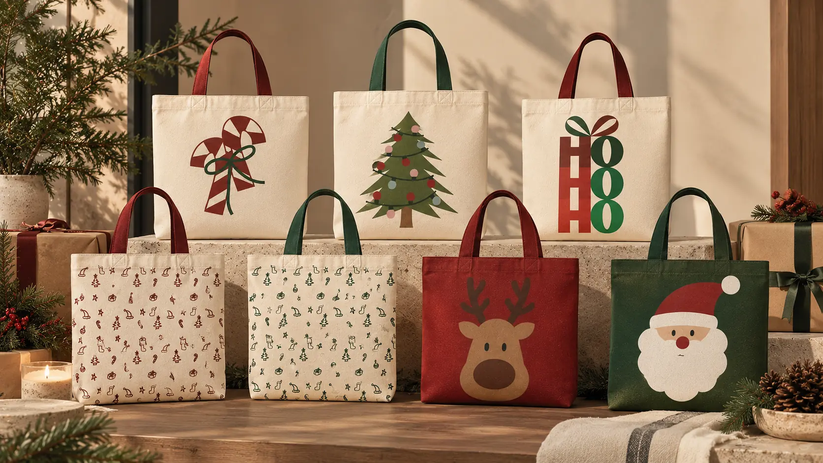 Colección de Navidad entre regalos y ramas de pino